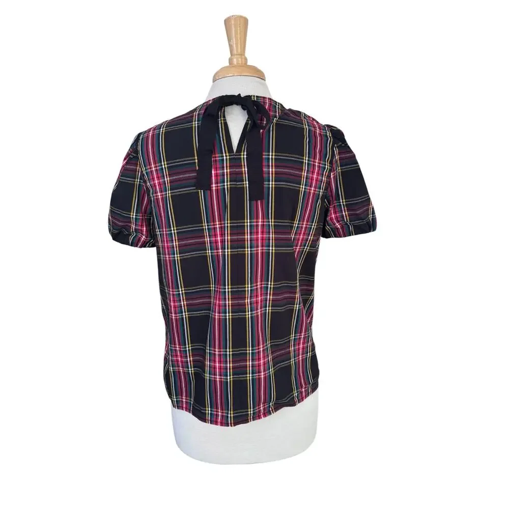 J.CREW Tartan Plaid Poplin Puff Sleeve Top Size Medium Red Black Green Yellow
